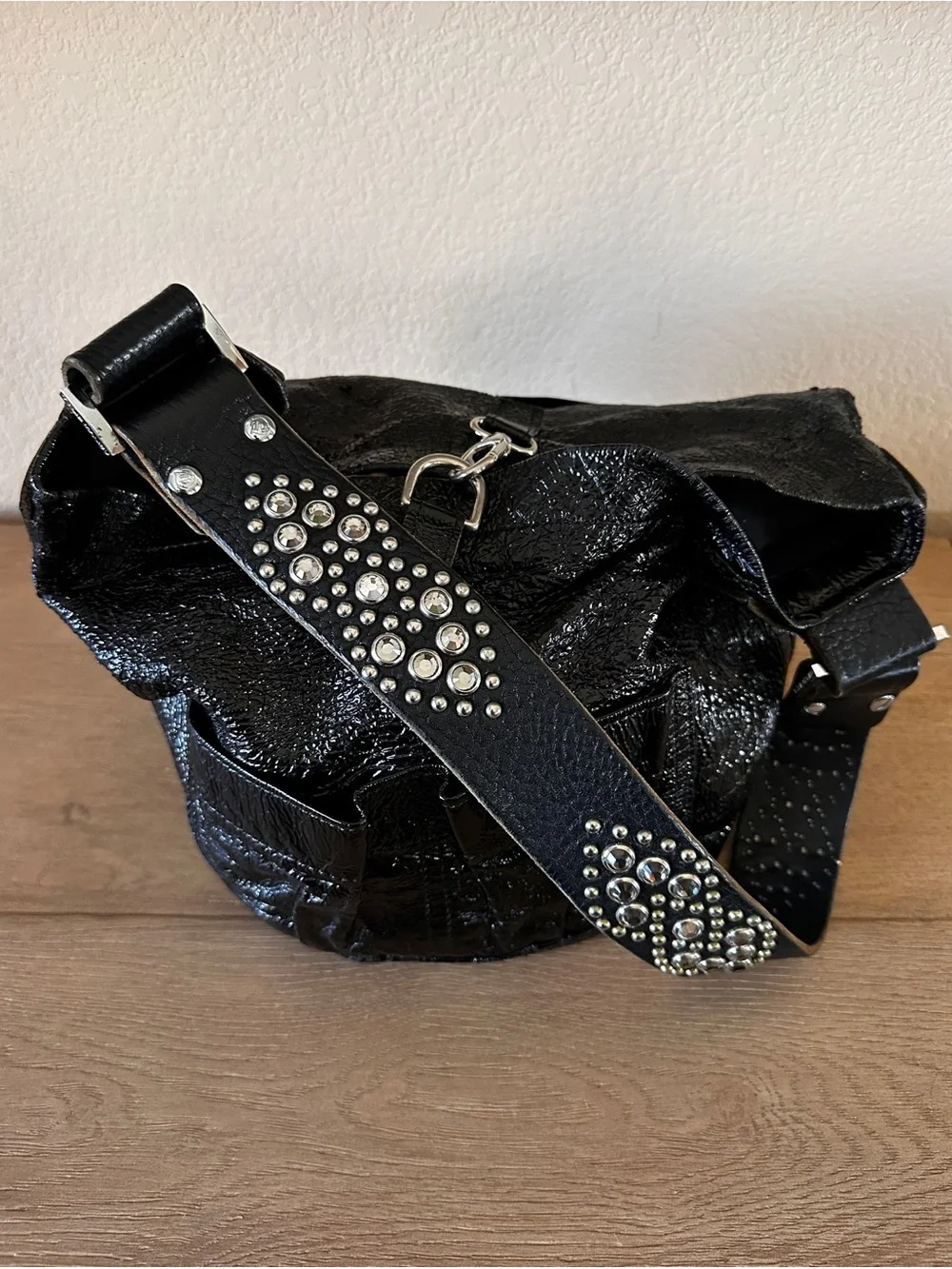 TYLIE MALIBU Patent Leather Bag with Rhinestone Strap